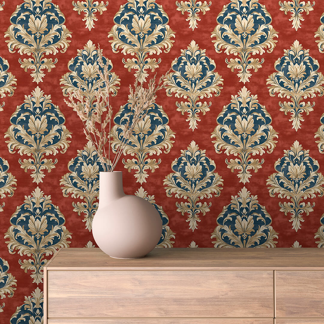Crimson Grey Gold Damask 0021