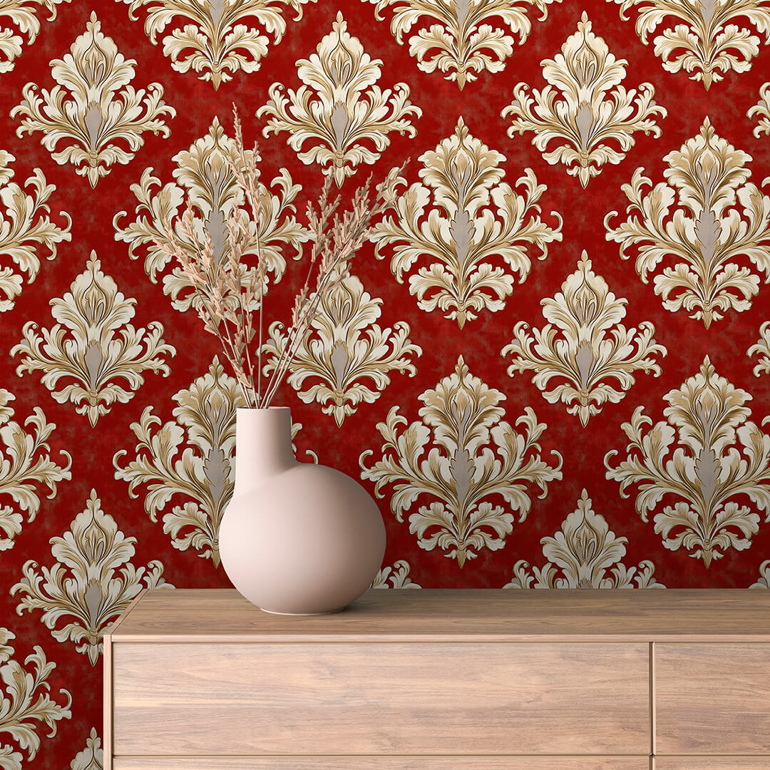 Crimson Gold Plume Damask 0022