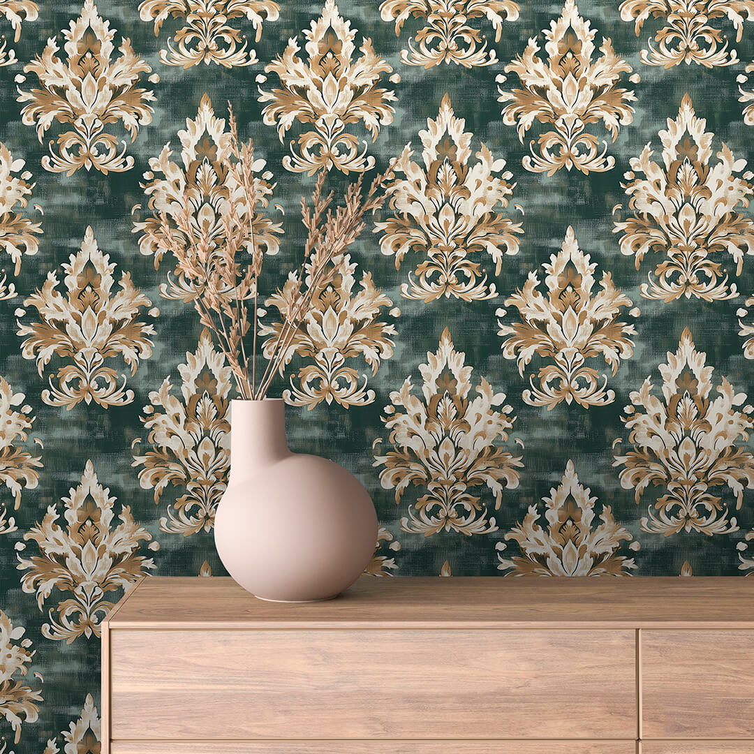 Forest Green Gold Plume Damask 0024