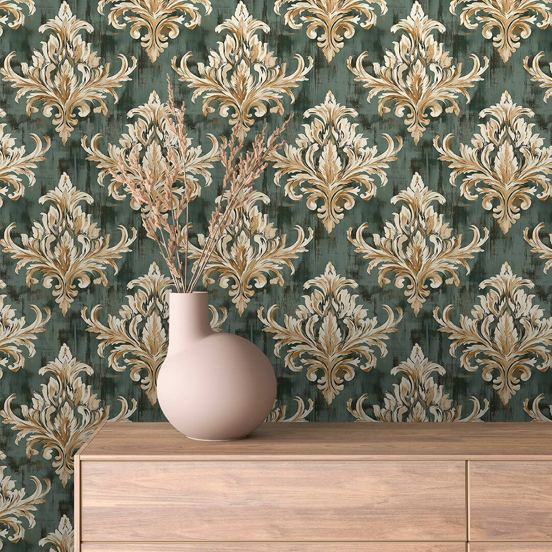 Emerald Ivory Gold Plume Damask 0025