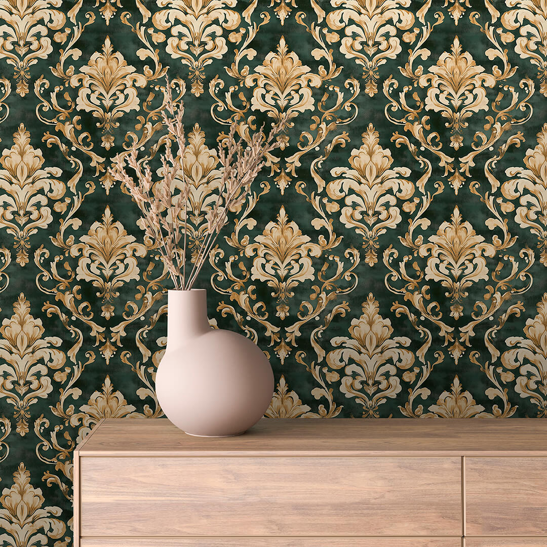 Deep Forest Gold Vine Damask 0026