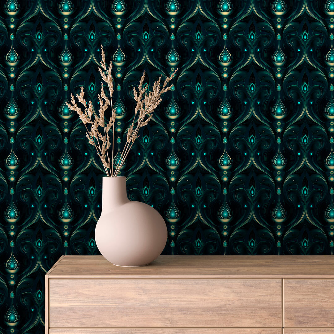 Teal Teardrop Modern Damask 0028