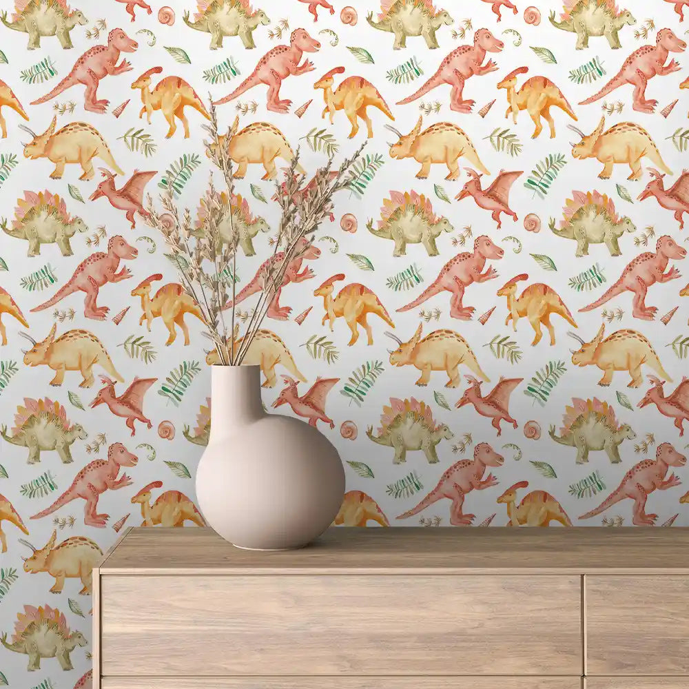 Coral Watercolour Dinosaur Peel & Stick Wallpaper – Baby 0009