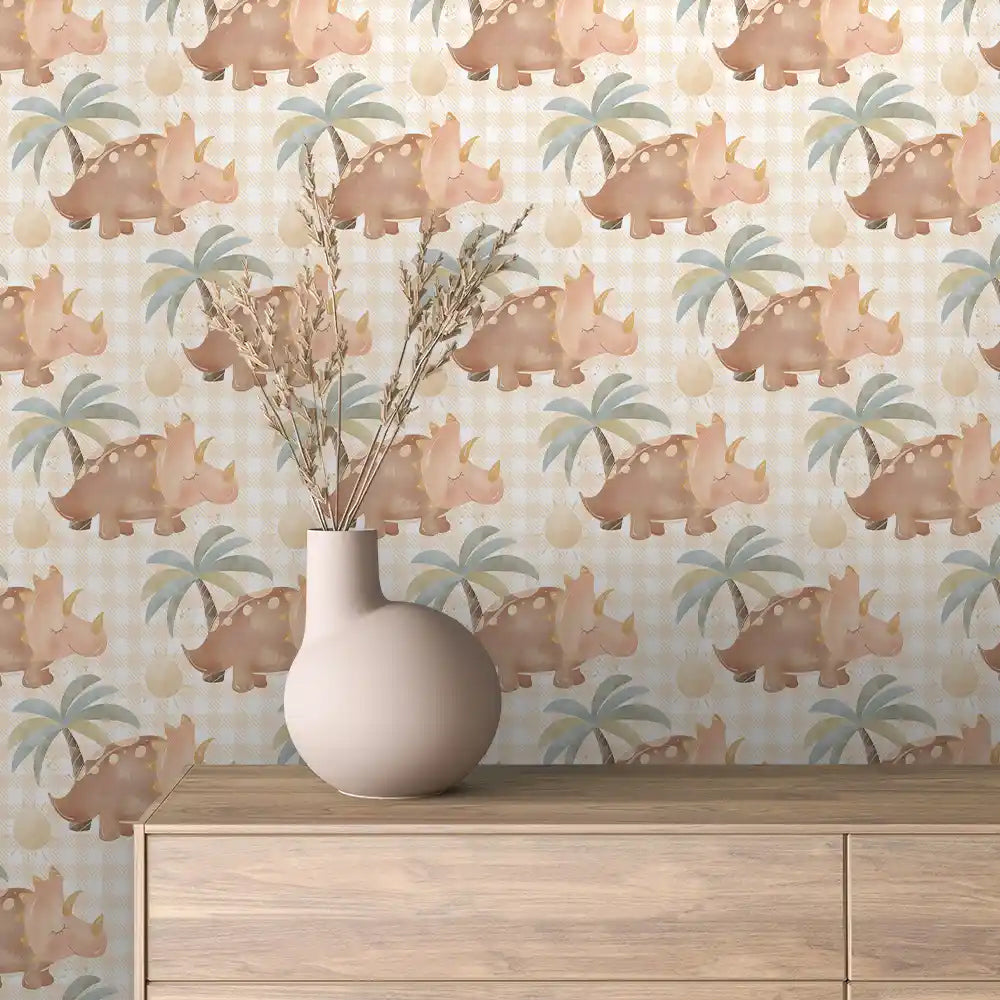 Blush Triceratops Gingham Peel & Stick Wallpaper – Baby 0014