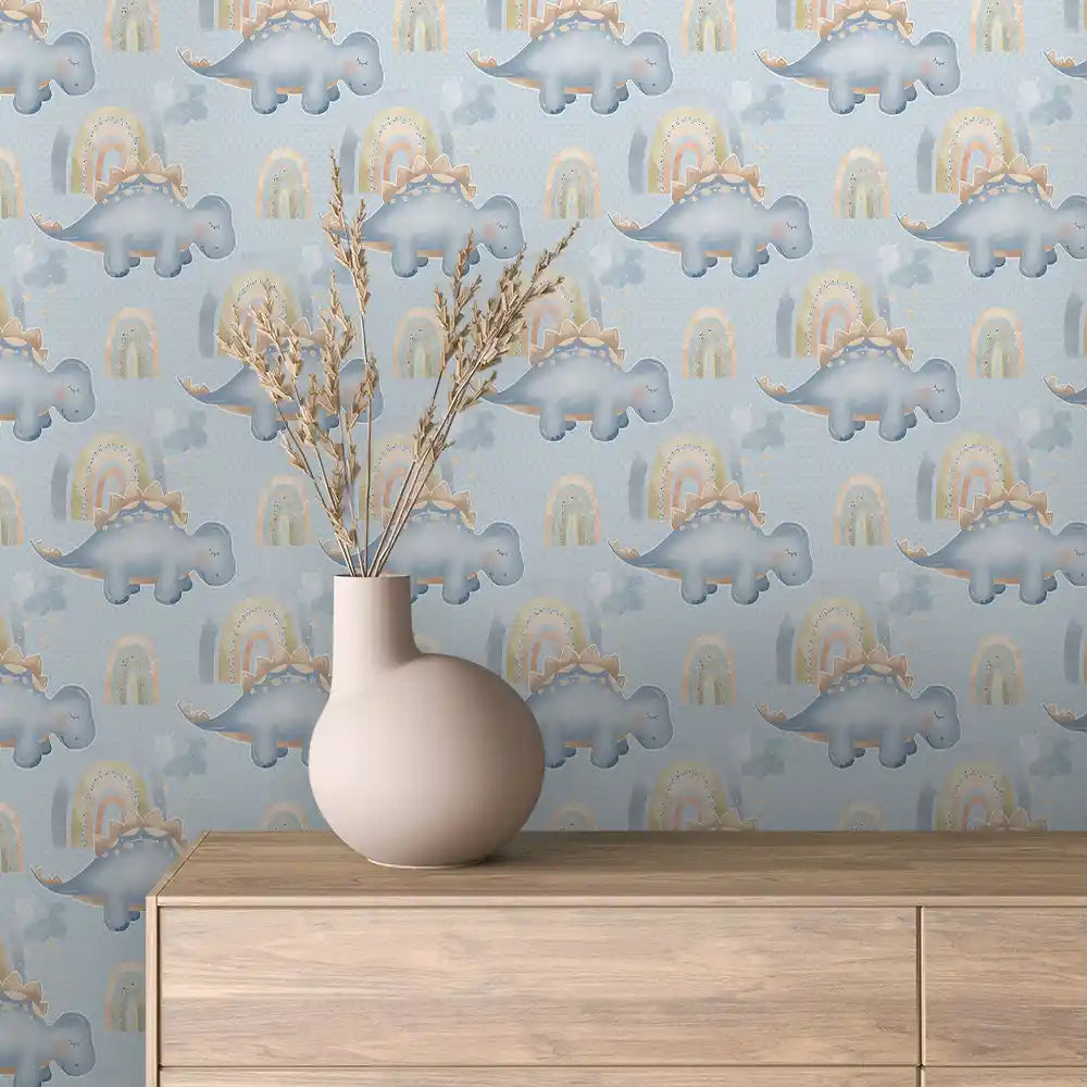 Powder Blue Boho Rainbow Dinosaur Peel & Stick Wallpaper – Baby 0018