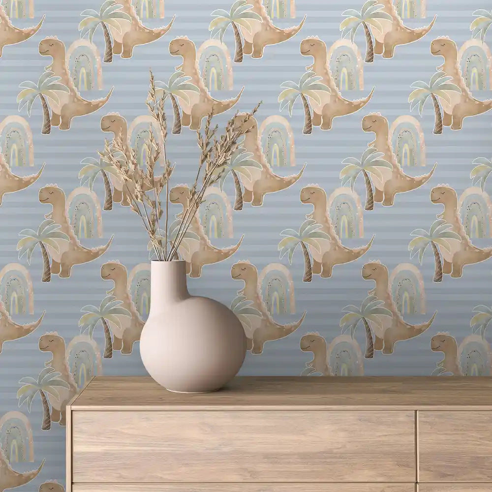 Powder Blue Stripe Dinosaur Rainbow Peel & Stick Wallpaper – Baby 0024