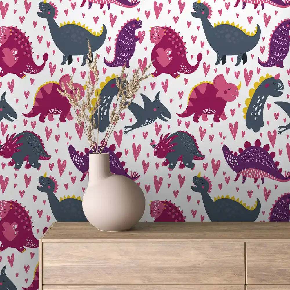 Magenta Heart Dinosaur Peel & Stick Wallpaper – Baby 0034