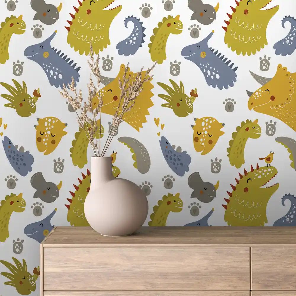 Olive Dinosaur Faces Peel & Stick Wallpaper – Baby 0039
