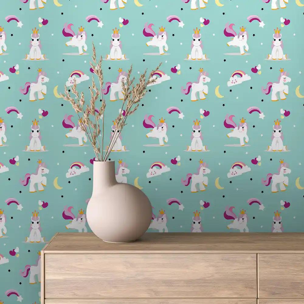 Teal Crown Unicorn Peel & Stick Wallpaper – Baby 0062