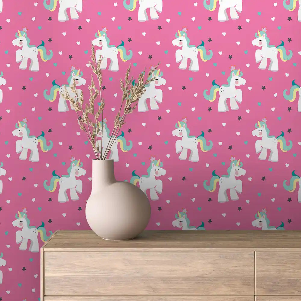 Hot Pink Heart Unicorn Peel & Stick Wallpaper – Baby 0064