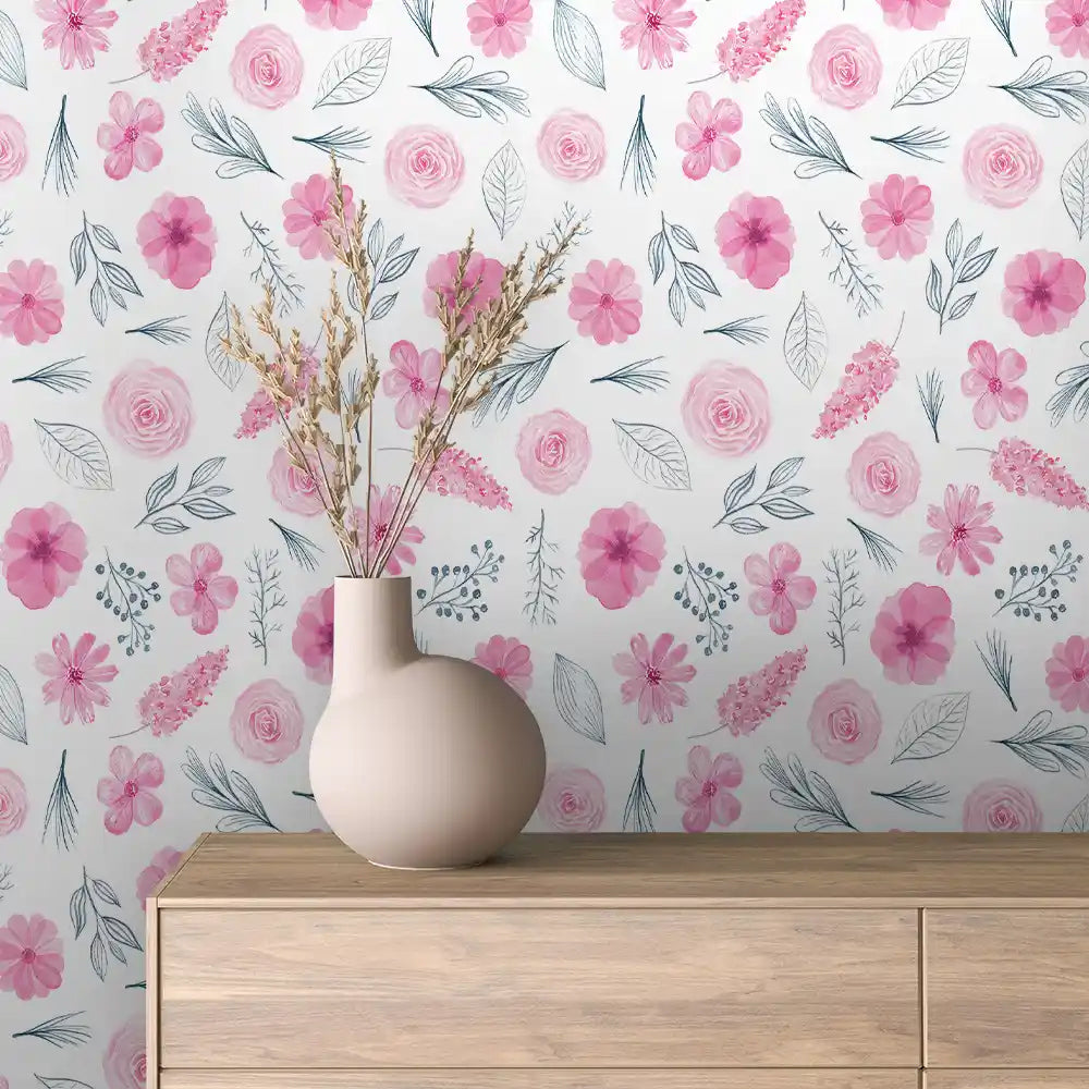 Pink Rose Watercolour Floral Peel & Stick Wallpaper – Baby 0072
