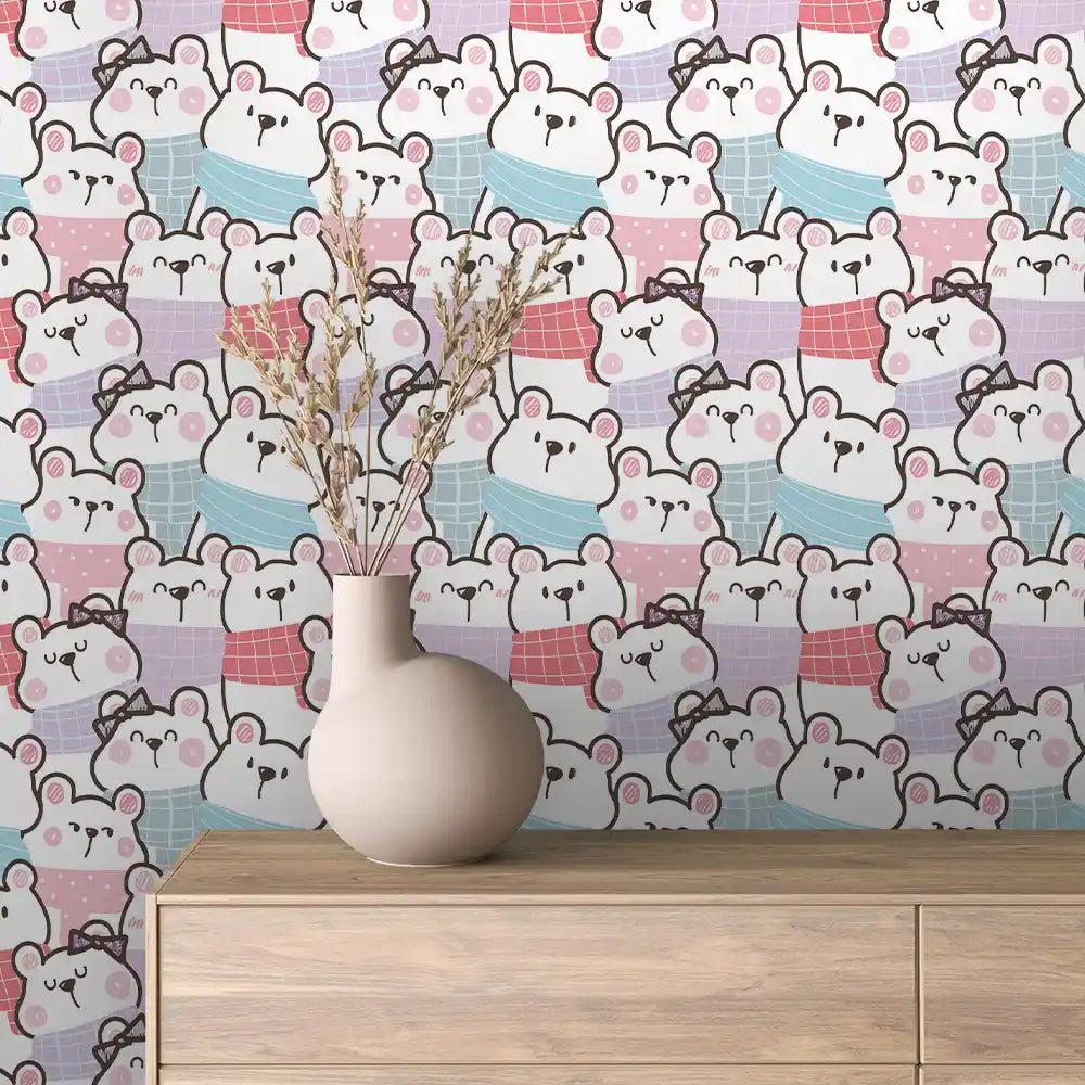 Pastel Plaid Bear Crowd Peel & Stick Wallpaper – Baby 0081