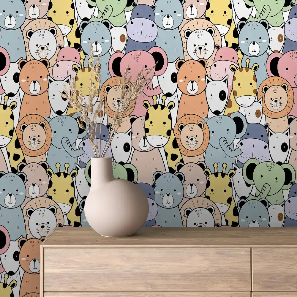 Pastel Zoo Crowd Peel & Stick Wallpaper – Baby 0084