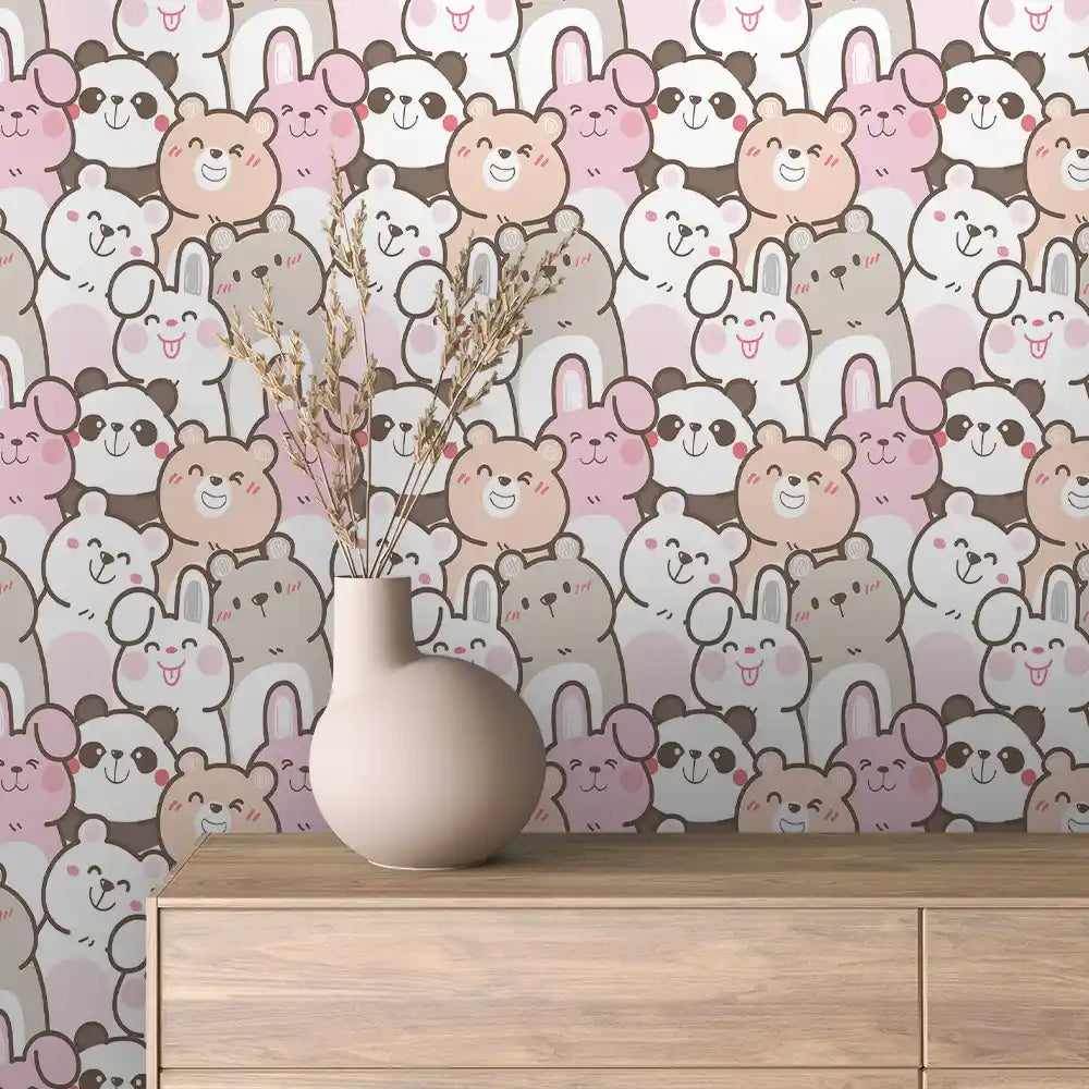 Blush Bear Bunny Crowd Peel & Stick Wallpaper – Baby 0085
