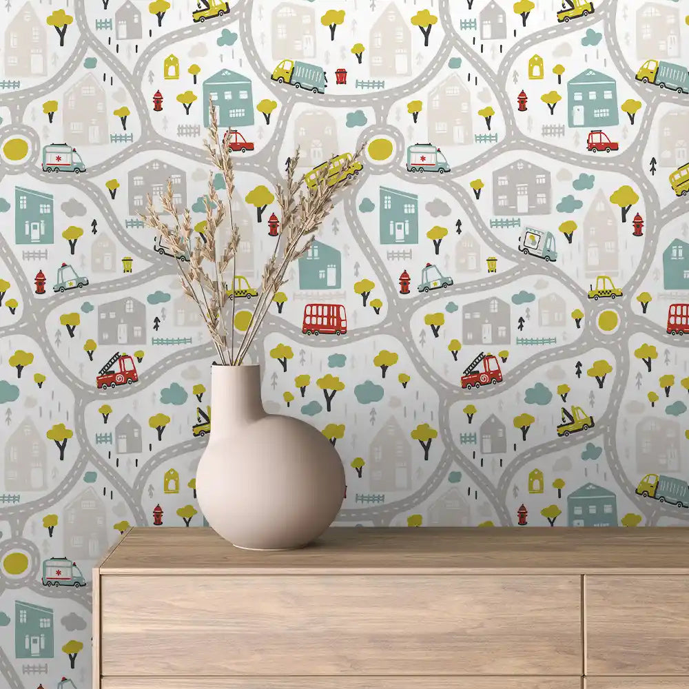 Pastel Town Roads Peel & Stick Wallpaper – Baby 0095
