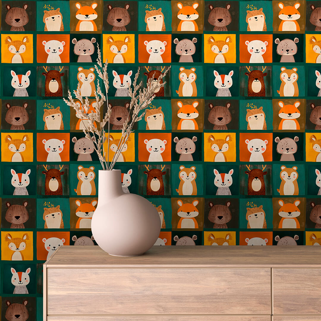 Woodland Animal Grid Wallpaper Baby 0001
