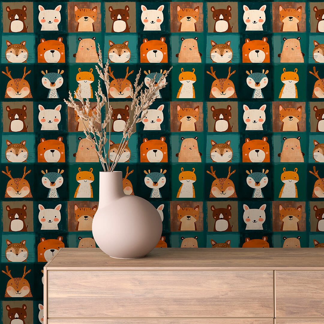 Rustic Woodland Animal Grid Wallpaper Baby 0005