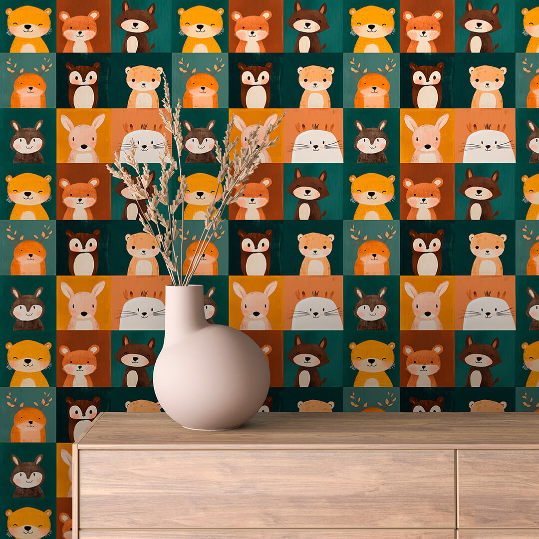 Woodland Critter Grid Wallpaper Baby 0007