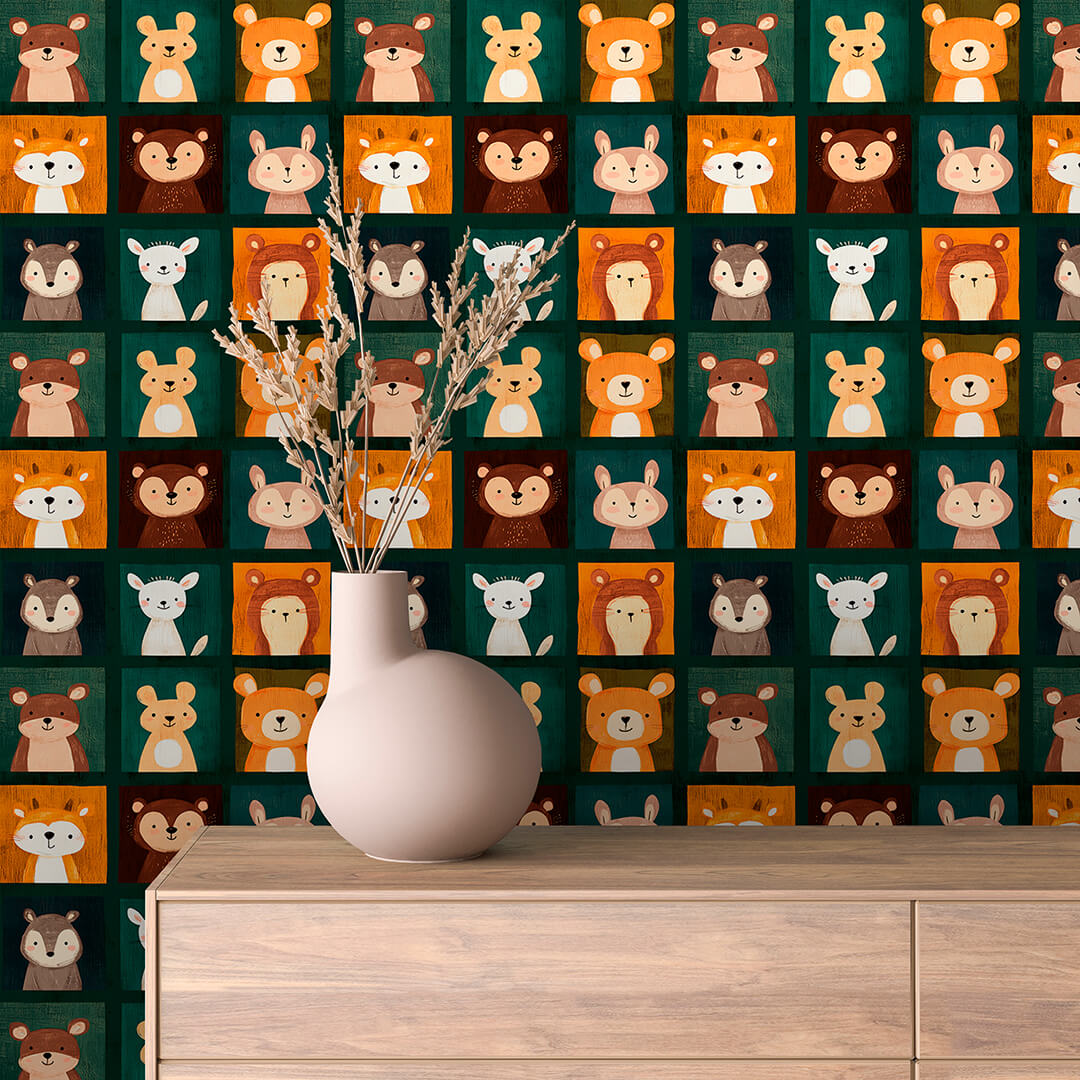 Green Amber Animal Grid Wallpaper Baby 0008