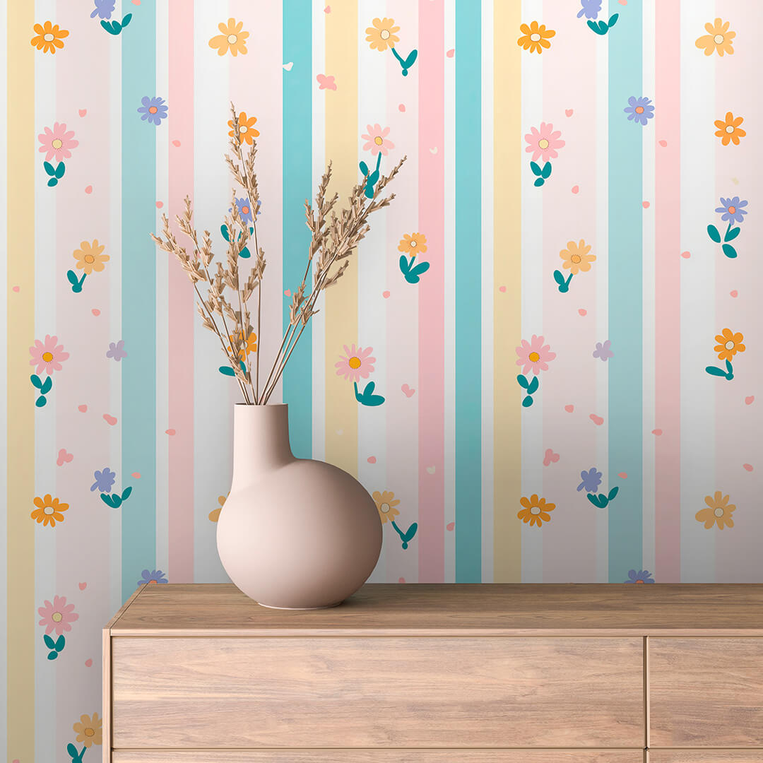 Pastel Stripe Daisy Wallpaper Baby 0022