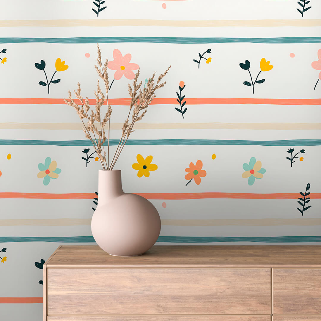 Hand-Drawn Stripe Floral Wallpaper Baby 0023