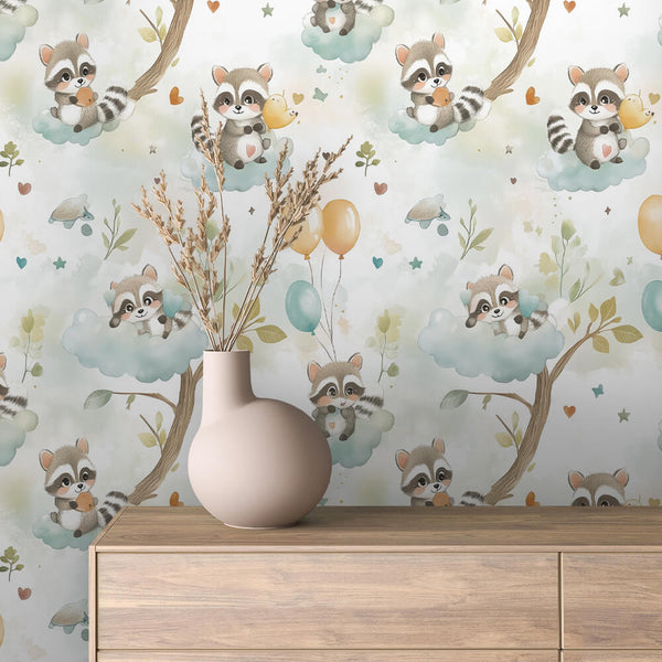 Raccoon Cloud Balloon Peel & Stick Wallpaper – Baby 0040