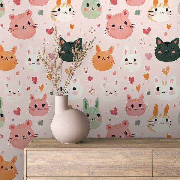 Pastel Cat Bunny Heart Peel & Stick Wallpaper – Baby 0048
