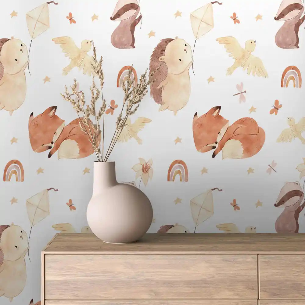 Sleeping Fox Hedgehog and Kites Peel & Stick Wallpaper – Boho Rainbow 0002