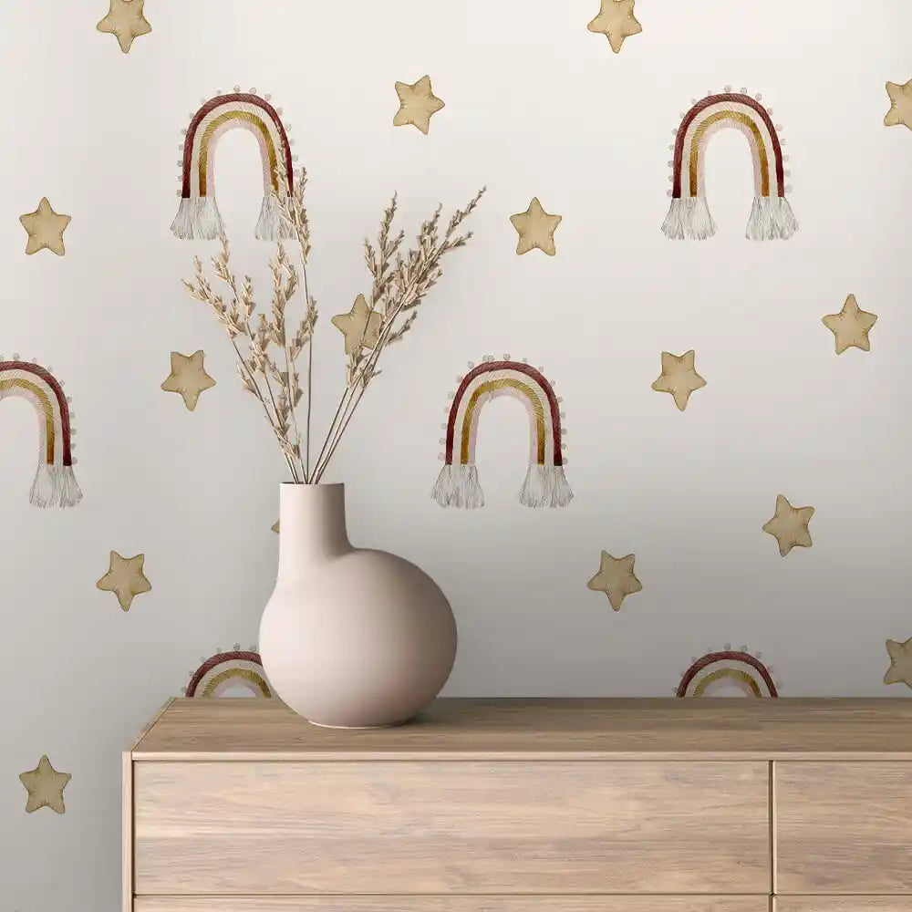 Macrame Rainbows and Gold Stars Peel & Stick Wallpaper – Boho Rainbow 0003