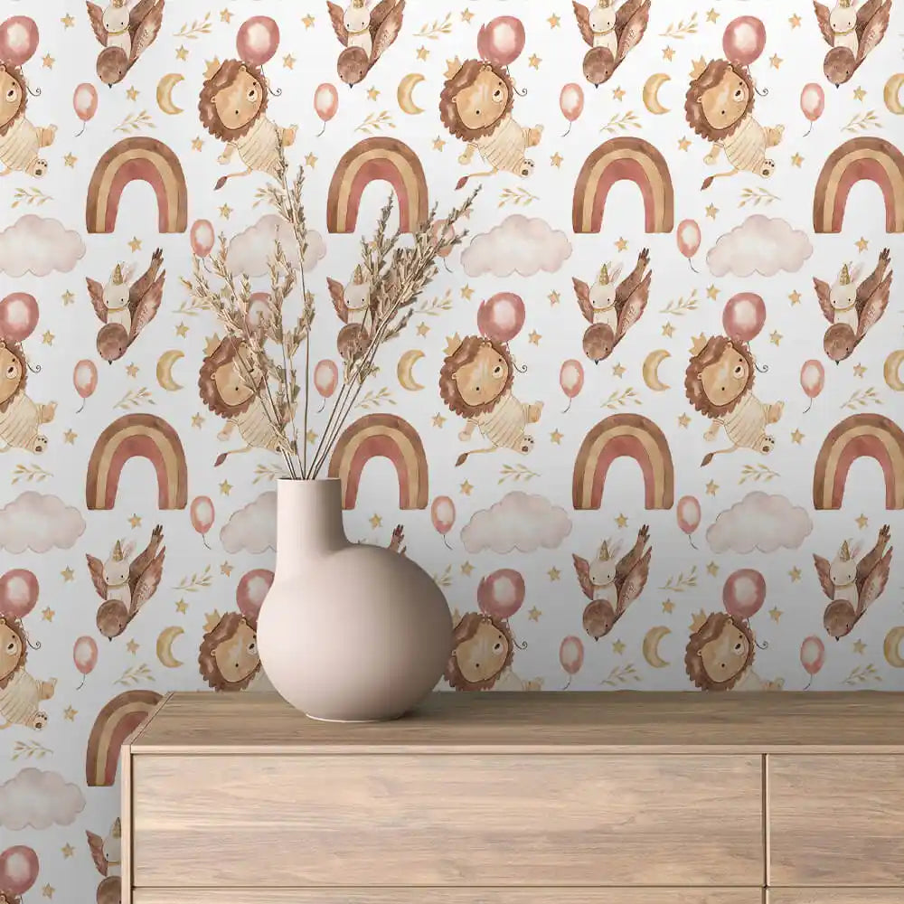 Crowned Lion Bunny Balloons and Rainbows Peel & Stick Wallpaper – Boho Rainbow 0005