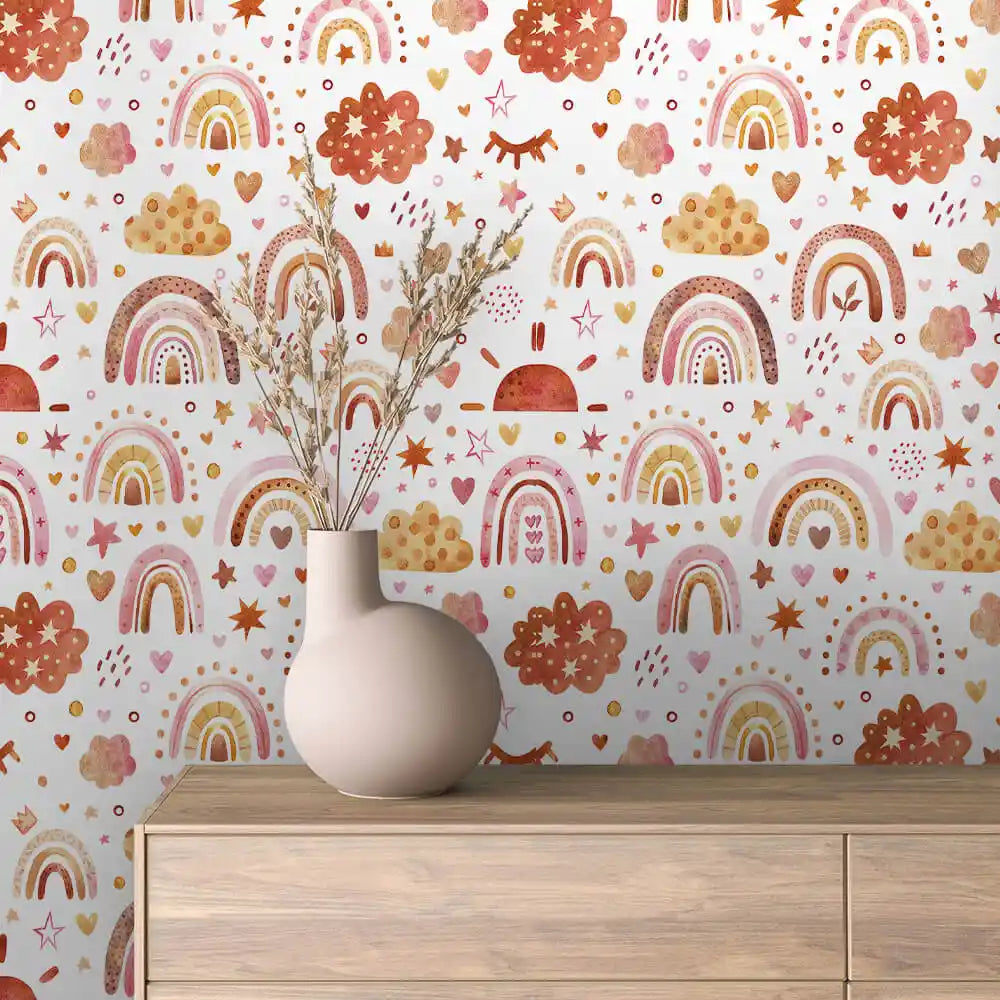 Terracotta Rainbows Star Clouds and Hearts Peel & Stick Wallpaper – Boho Rainbow 0006