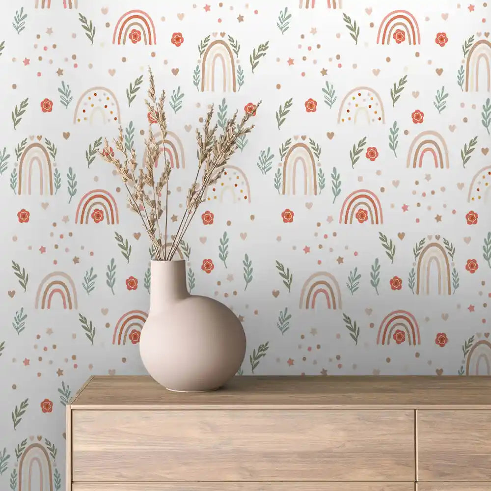Sage Leaves Poppies and Mini Rainbows Peel & Stick Wallpaper – Boho Rainbow 0011