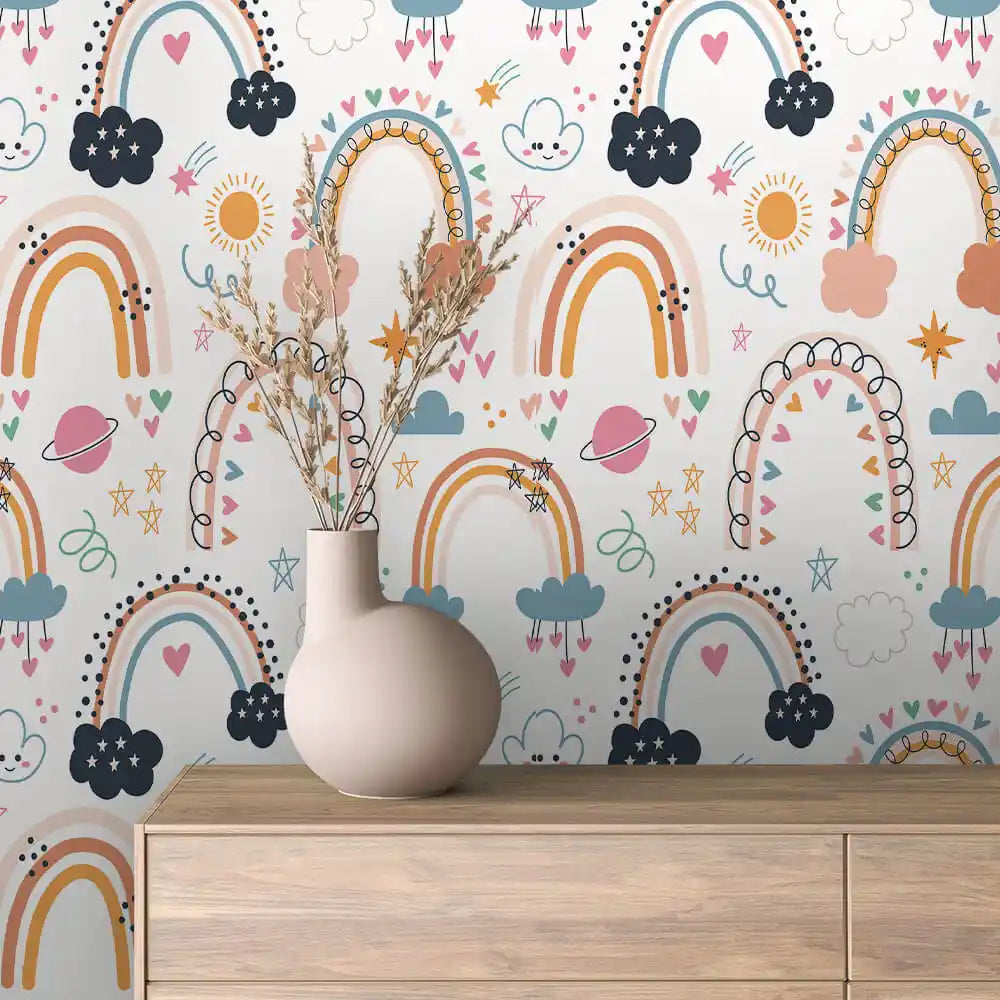 Happy Clouds Suns and Doodle Rainbows Peel & Stick Wallpaper – Boho Rainbow 0012