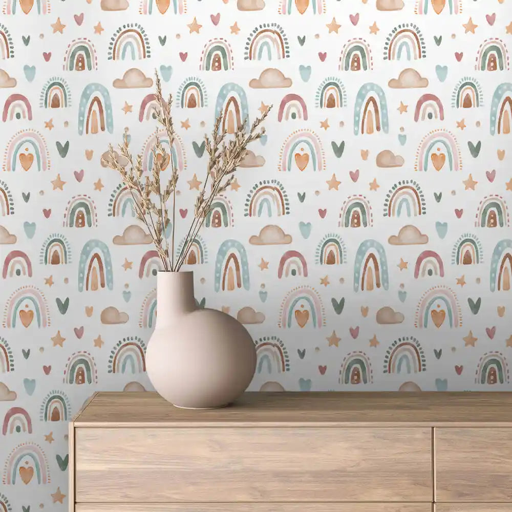 Sage Clay Rainbows Hearts and Clouds Peel & Stick Wallpaper – Boho Rainbow 0013