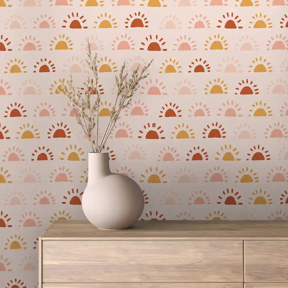 Terracotta Sunrise Half Suns on Blush Peel & Stick Wallpaper – Boho Rainbow 0014