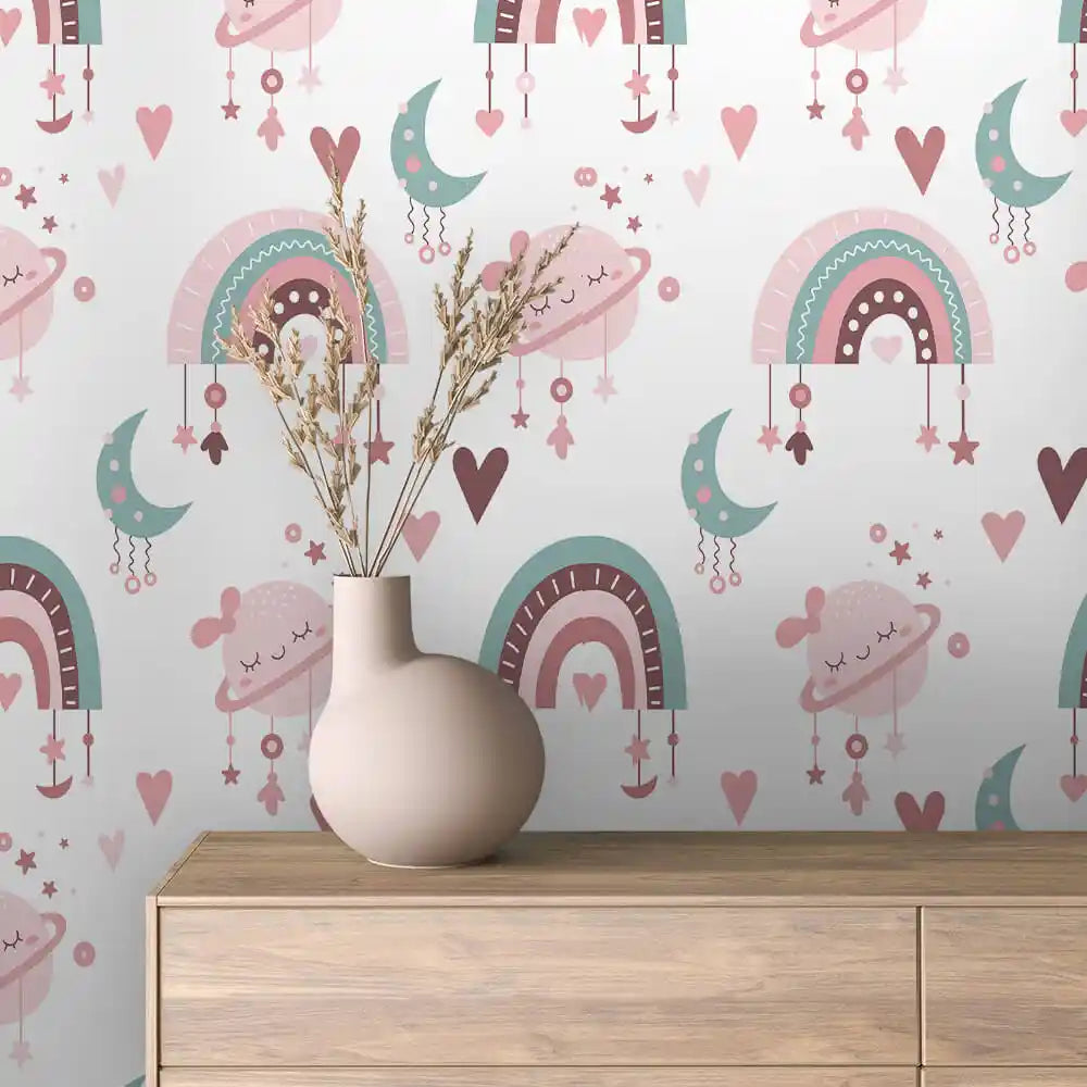 Pink Sleepy Planets Moons and Rainbows Peel & Stick Wallpaper – Boho Rainbow 0017