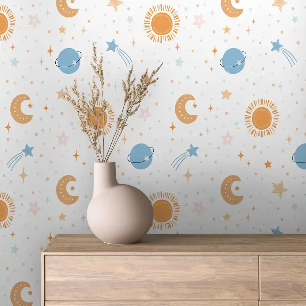 Golden Suns Moons and Shooting Stars Peel & Stick Wallpaper – Boho Rainbow 0018