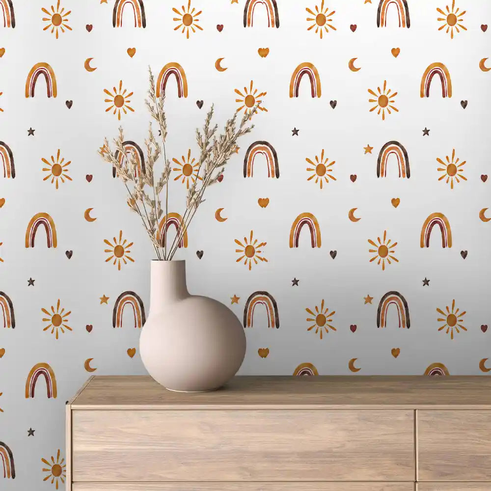 Rust Rainbows Sunbursts and Moons Peel & Stick Wallpaper – Boho Rainbow 0020
