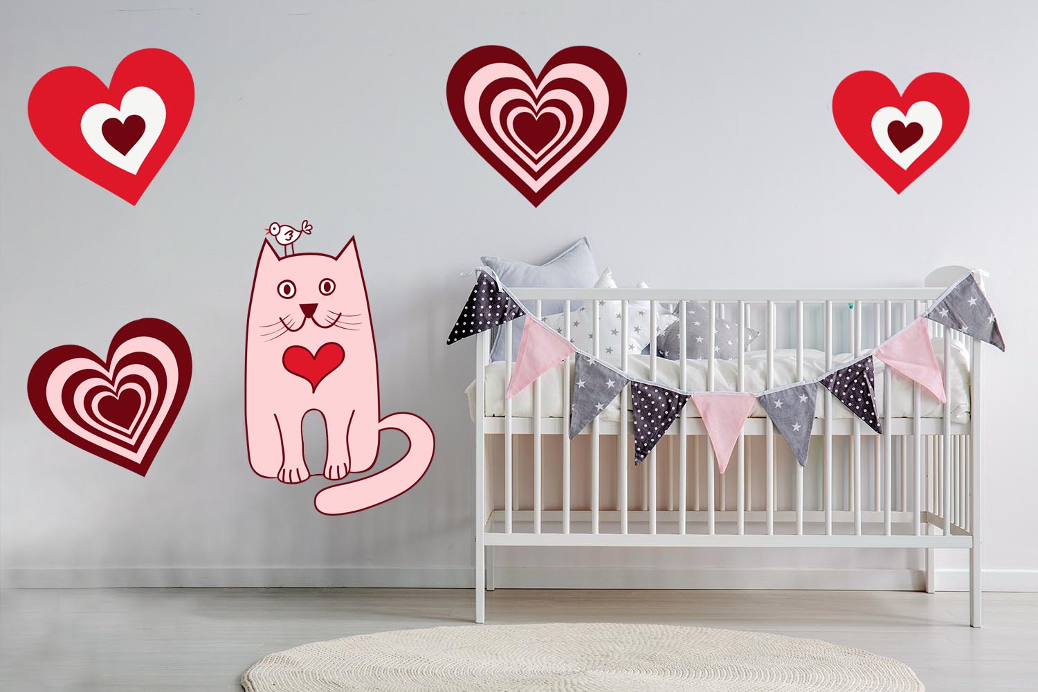 Adorable Pink Kitty with hearts Wall, Wall Decal Sticker, Removable, 5 Separate decals