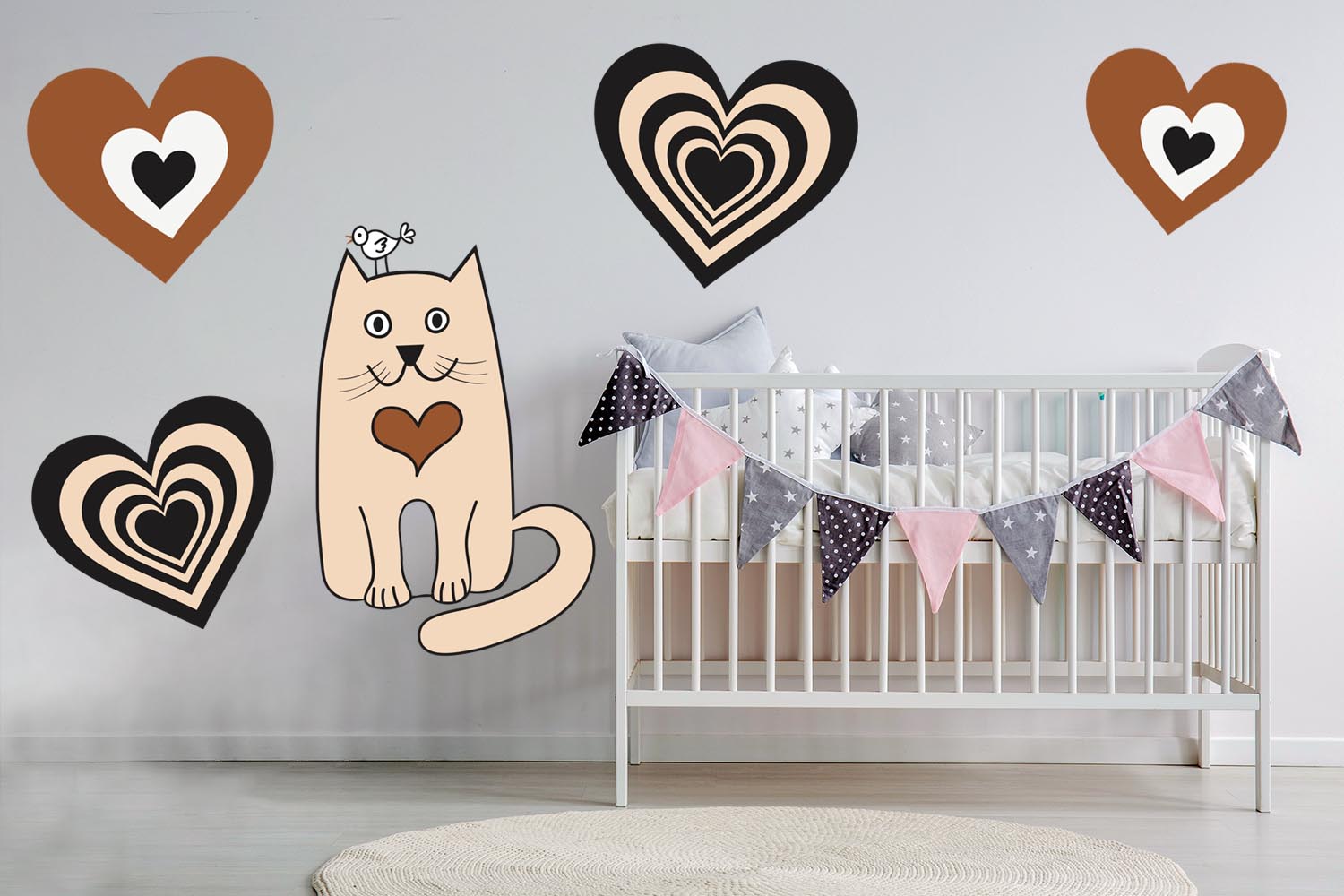Adorable Beige Kitty with hearts Wall, Wall Decal Sticker, Removable, 5 Separate decals
