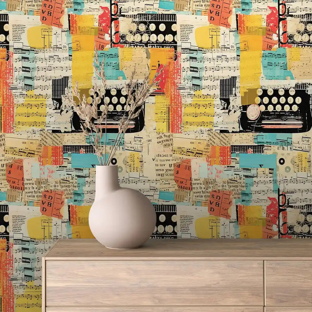 Vintage Typewriter Score Collage Peel & Stick Wallpaper – Collage 0003