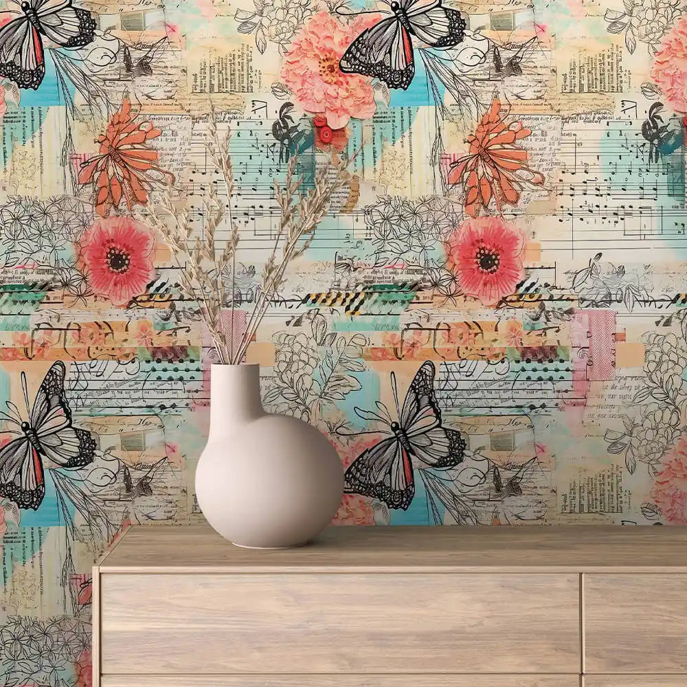 Butterfly and Bloom Score Collage Peel & Stick Wallpaper – Collage 0005