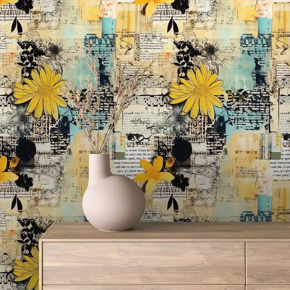 Yellow Daisy Newsprint Collage Peel & Stick Wallpaper – Collage 0006