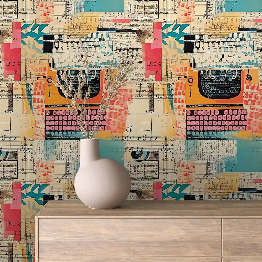 Retro Typewriter Teal Collage Peel & Stick Wallpaper – Collage 0007