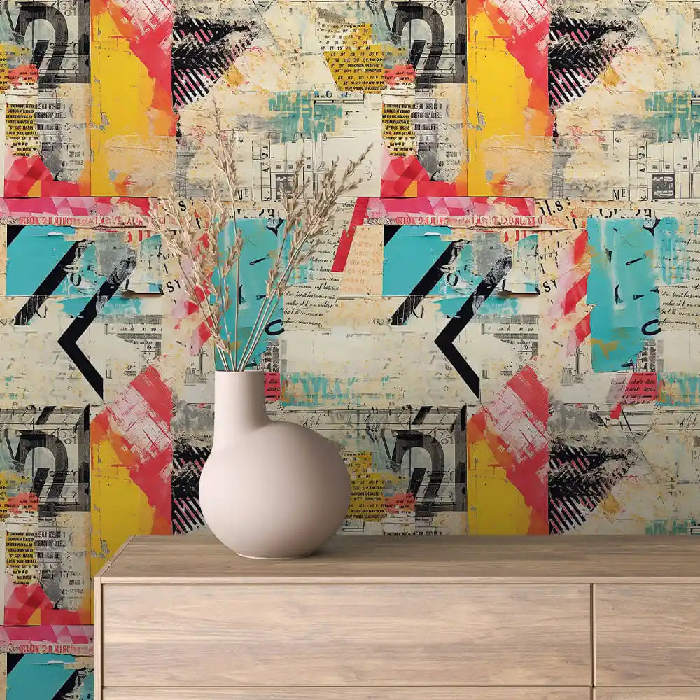 Chevron Newsprint Collage Peel & Stick Wallpaper – Collage 0009