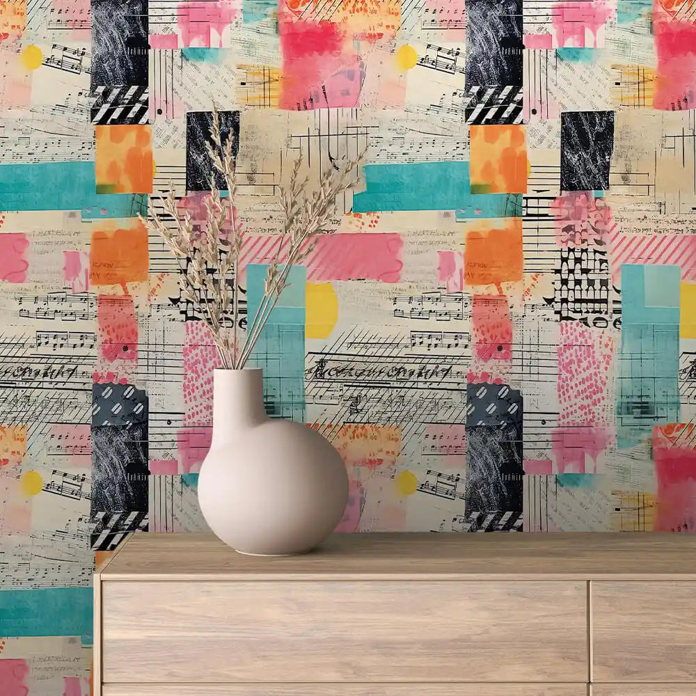 Sheet Music Colour Block Collage Peel & Stick Wallpaper – Collage 0010