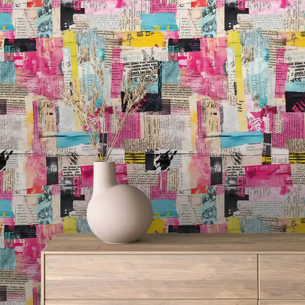 Pink and Turquoise Newsprint Collage Peel & Stick Wallpaper – Collage 0011
