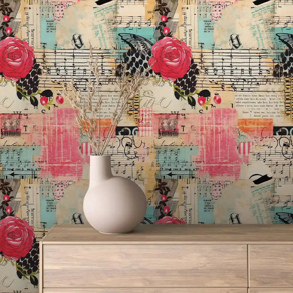 Rose and Ribbon Score Collage Peel & Stick Wallpaper – Collage 0013