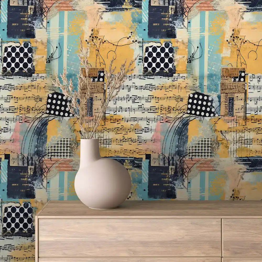 Polka Dot and Ochre Score Collage Peel & Stick Wallpaper – Collage 0015