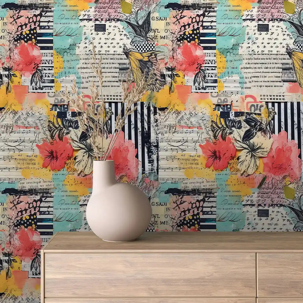 Bloom and Bird Striped Collage Peel & Stick Wallpaper – Collage 0016